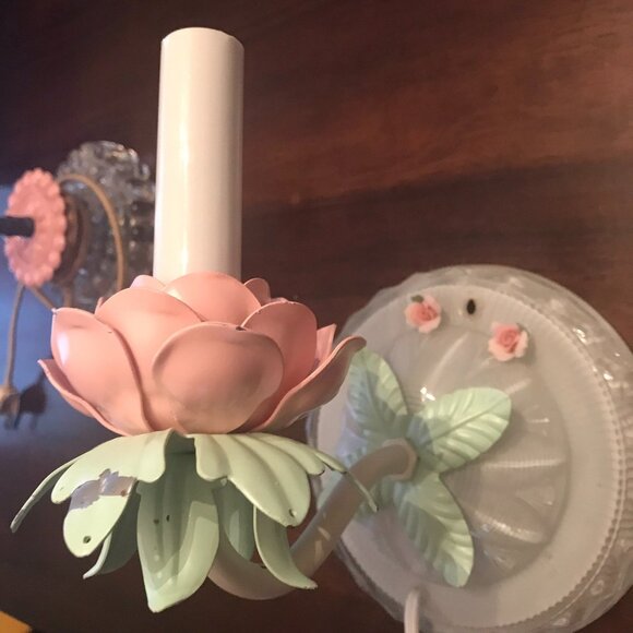 Vintage Floral Wall Sconce Light Fixture With Pink & Green Metal Flower Design A - Picture 2 of 16